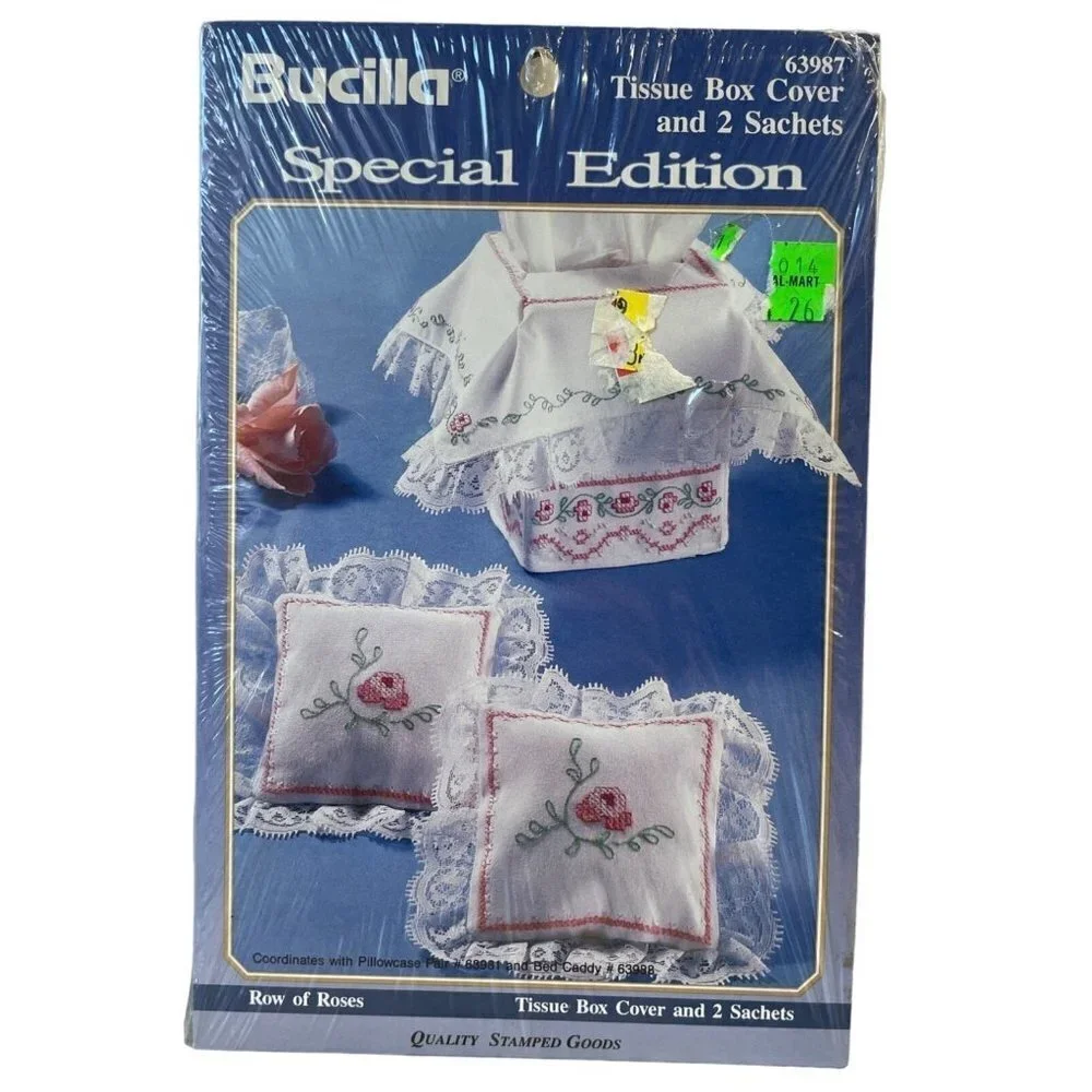 Bucilla Tissue Box Cover and 2 Sachets Embroidery Pattern #63987 Row of Roses‎